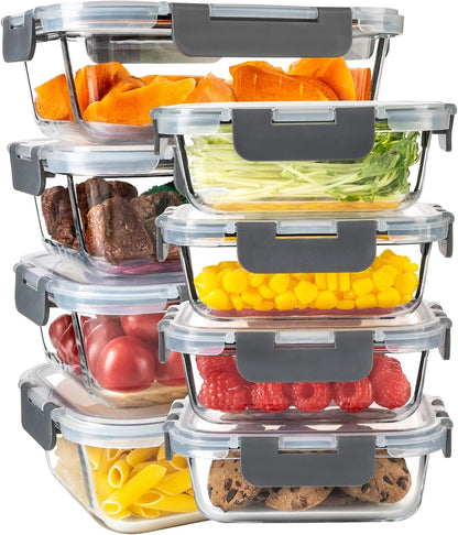 16PCS (8 Bowls + 8 Lids) High Borosilicate Glass Meal Prep Containers, Food Storage Containers with Airtight Lids, Glass Lunch Bento Boxes,Dishwasher Safe, blue