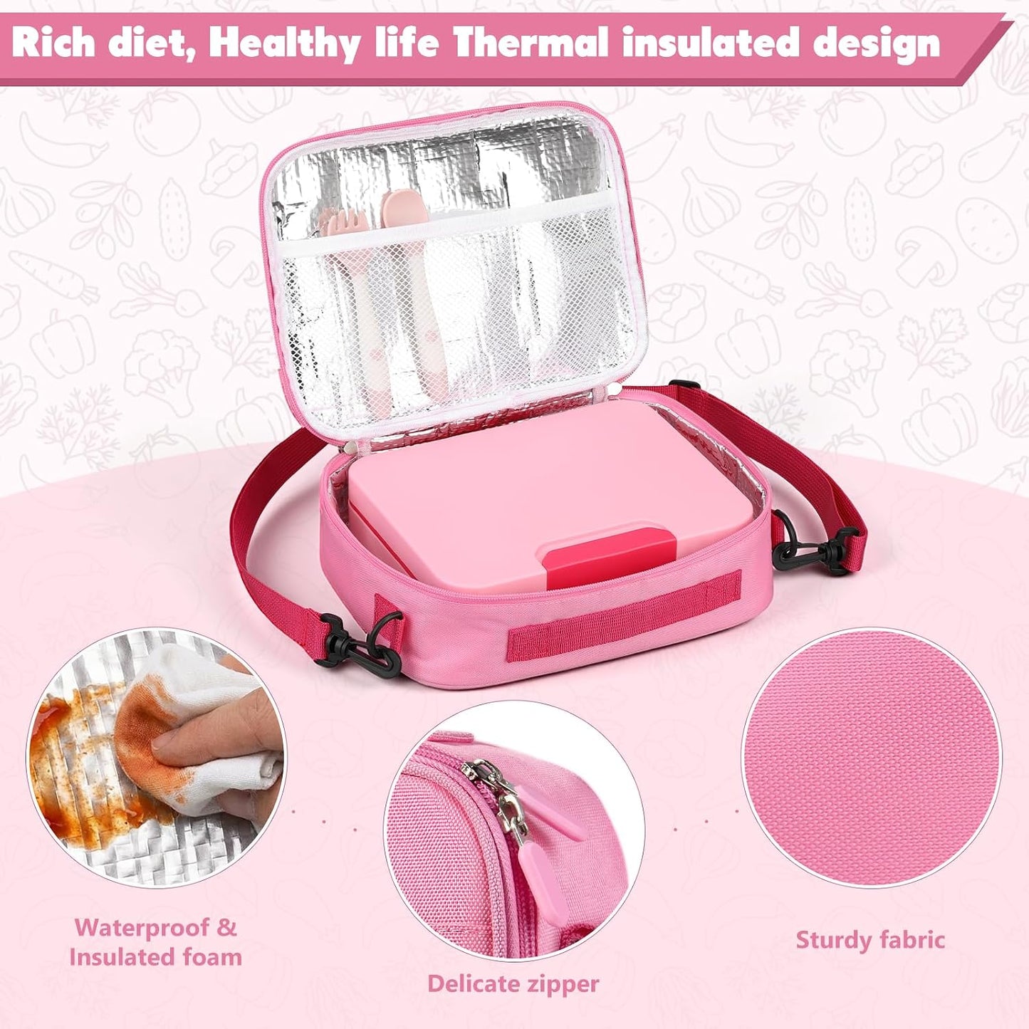 Bento Box Set with 9.5oz Soup Thermo Kids Leak-proof Lunch Box Container with 4 Compartment Stainless Steel Insulated Hot Food Jar with Bag for School Travel - Pink
