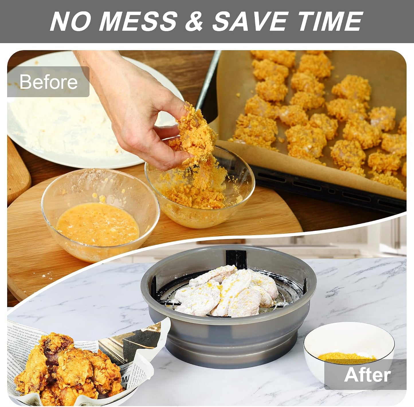 FJNATINH Collapsible Batter Bowl - Mess Free Better Breader Shaker Bowl with Lid Breading Shaker Container for Fried Fish, Fried Chicken, Onion Rings & More,No Leak,Easy to Store,Light Blue