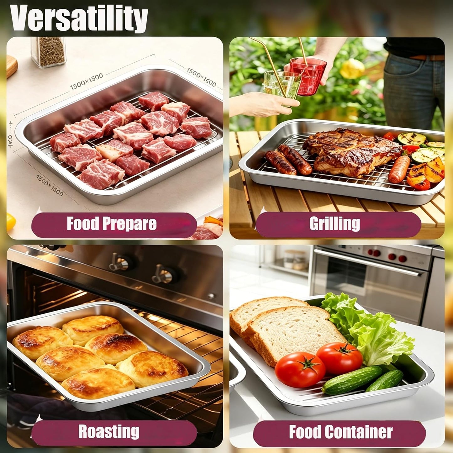 Grill Prep Trays Sets of 5, Stainless Steel Large Capacity Grilling Prep and Serve Trays Set, Marinade Containers with Lids, and Cutting Board, BBQ Grill Trays Accessories Gifts for Men