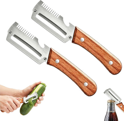 2-Pack Multifunctional Vegetable Peeler, 3 in 1 Stainless Steel Peeler with Wooden Handle, Julienne Peeler & Bottle Opener, Kitchen Vegetable Peelers for Potato, Carrot, Apple, Fruits & Veggies