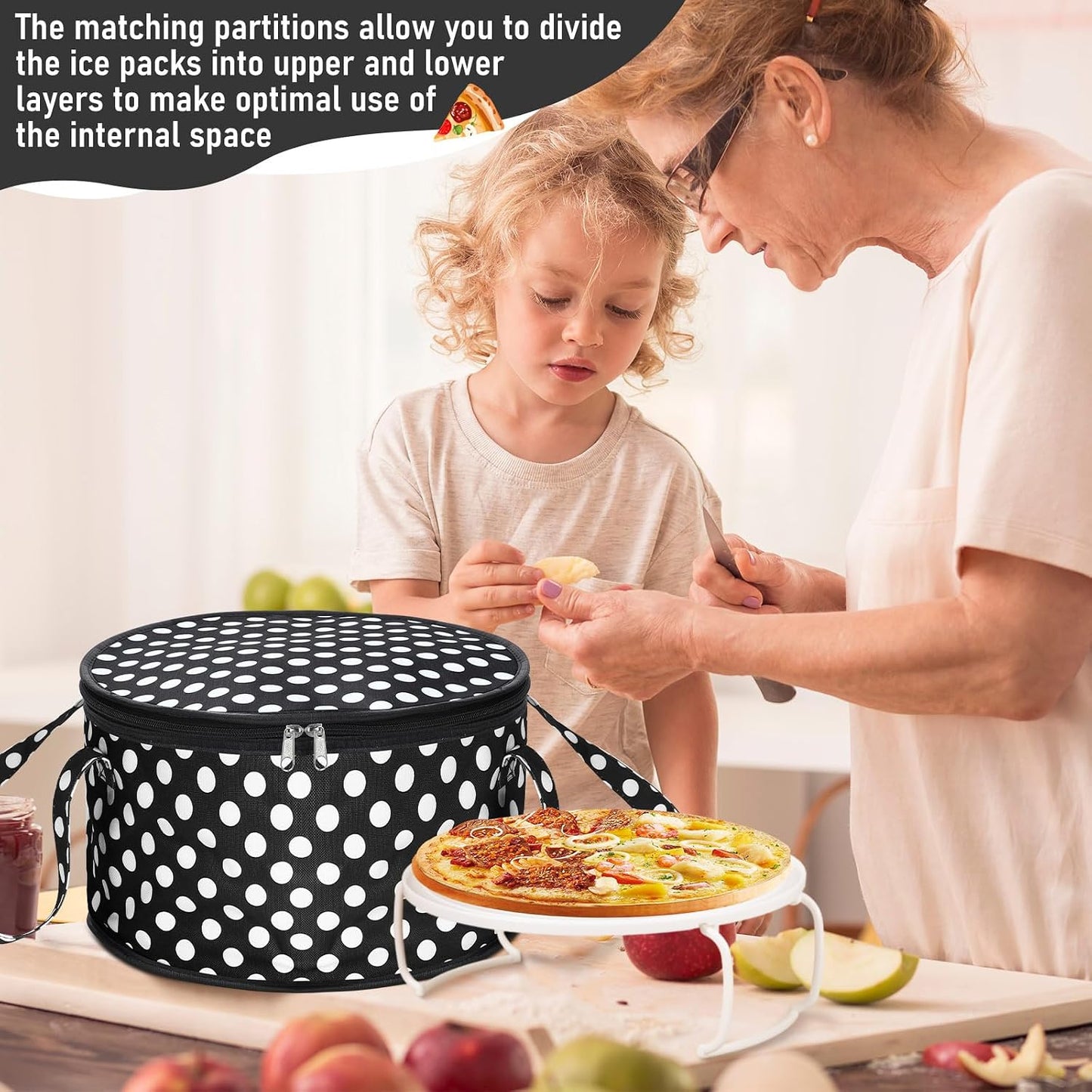Pickmesh Round Pie Carrier 12 x 7 Inch Insulated Casserole Carriers with Lid and Detachable Handle for Hot or Cold Food Cake Transport Thanksgiving Christmas Gift(Cyan White Zigzag)