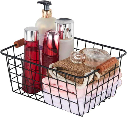 JUNCHU CHERRY Wire Kitchen Storage Basket 4 Packs,Perfect Pantry Organization Accessories Baskets,Laundry Basket,With a Wooden handle,Suitable for Kitchen,Bathroom,Bedroom,Tabletop,Stackable,Black