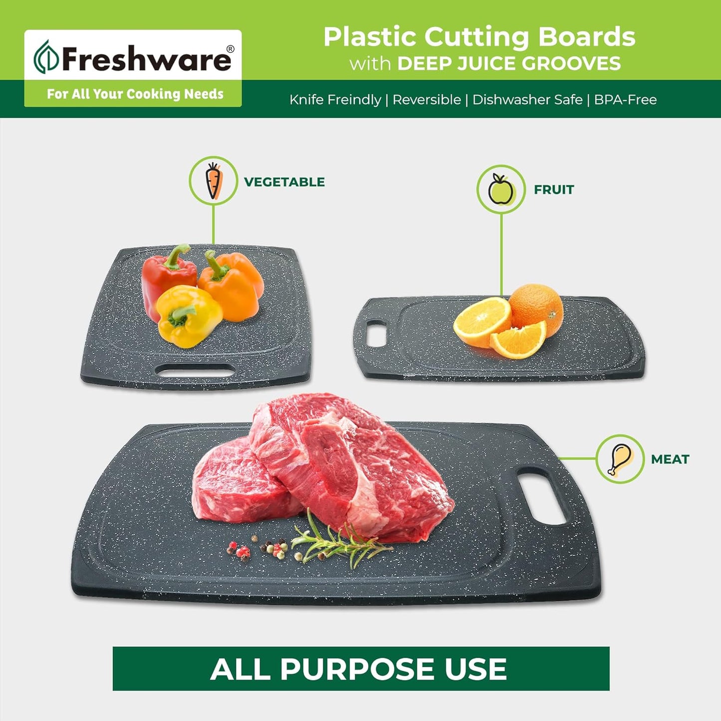 Freshware Cutting Boards for Kitchen, Chopping Board 3-Pack with Different Sizes, Juice Grooves and Non Slip Handles - Reversible, Large Cutting Board Set - Dishwasher Safe - Gray