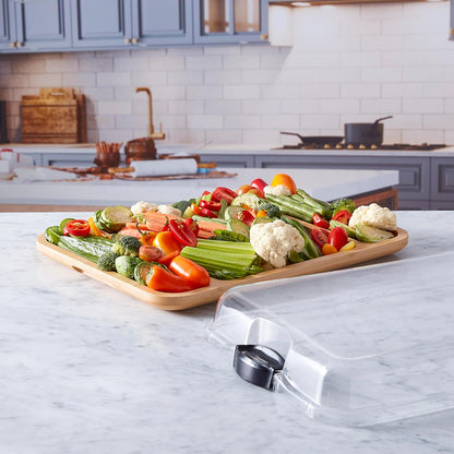Farberware Build-A-Board Bamboo Cutting Board with Built-In Compartments & Clear Locking Lid, Black Handles, Charcuterie, Snack Tray, Food Prep and Serving Platter