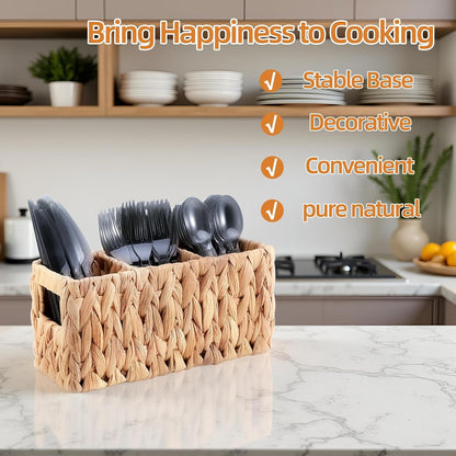 Wicker Party Silverware Caddy, Small Water Hyacinth Plastic Cutlery Utensil Holder, Hand Woven with Handles, Kitchen Countertop and Picnic flatware Organizer
