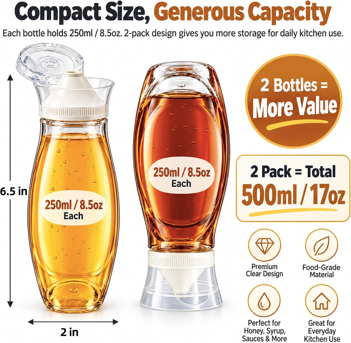 Syrup Dispenser, 2 Pack 8.5 oz No-Drip Honey Bottles