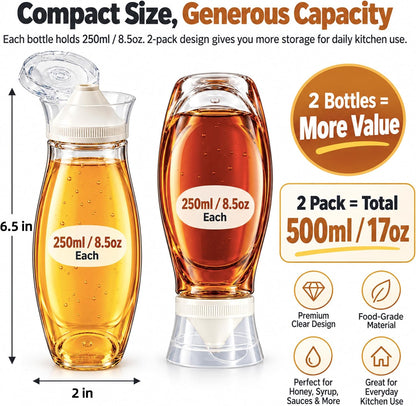 Syrup Dispenser, 2 Pack 8.5 oz No-Drip Honey Bottles