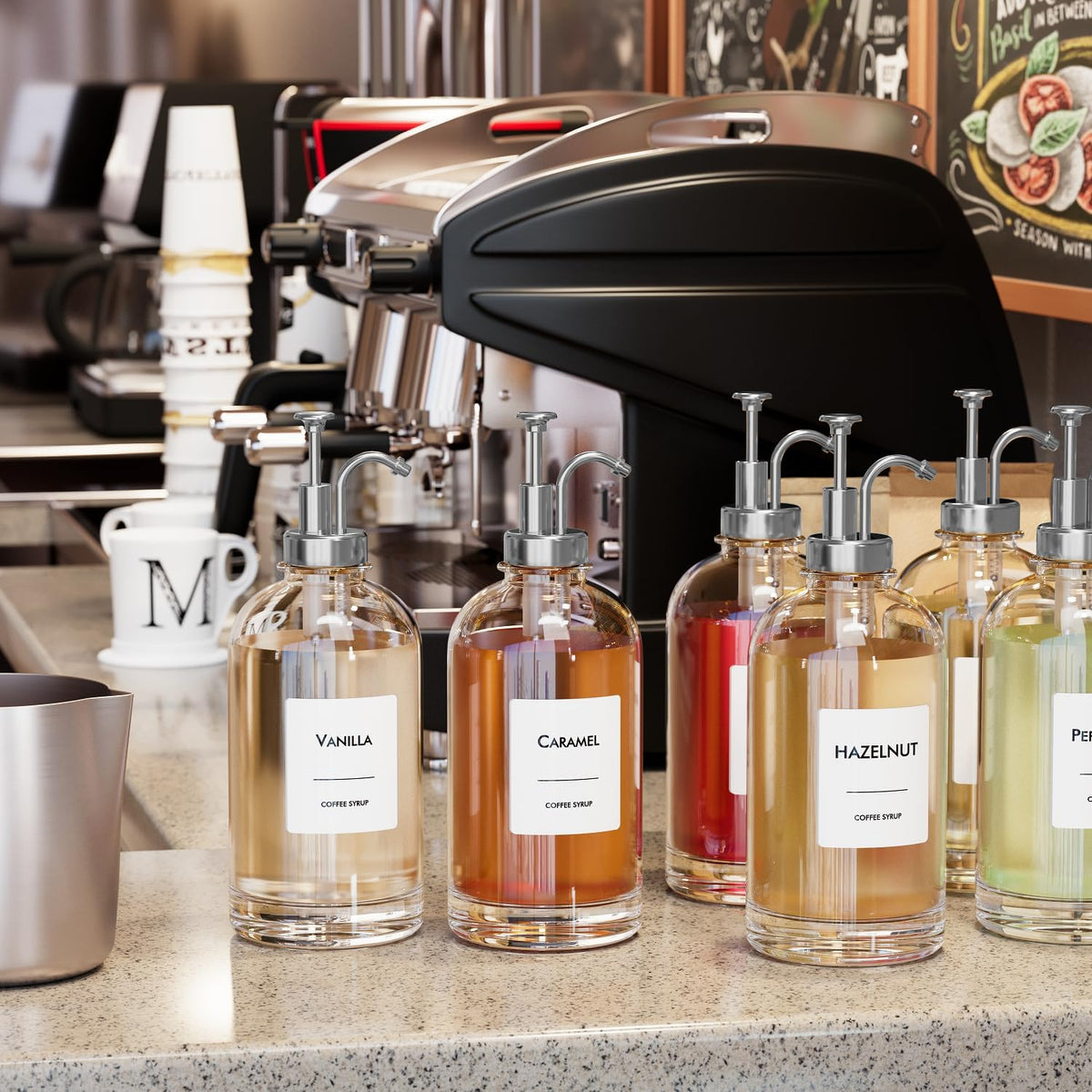 16.9 oz (500 ml) Coffee Syrup Dispenser Set- 4 Glass Bottles with Gold Pumper and Syrup Labels - Precise Dispensing and Stylish Addition to Coffee Shop, Cafe or Home Bar