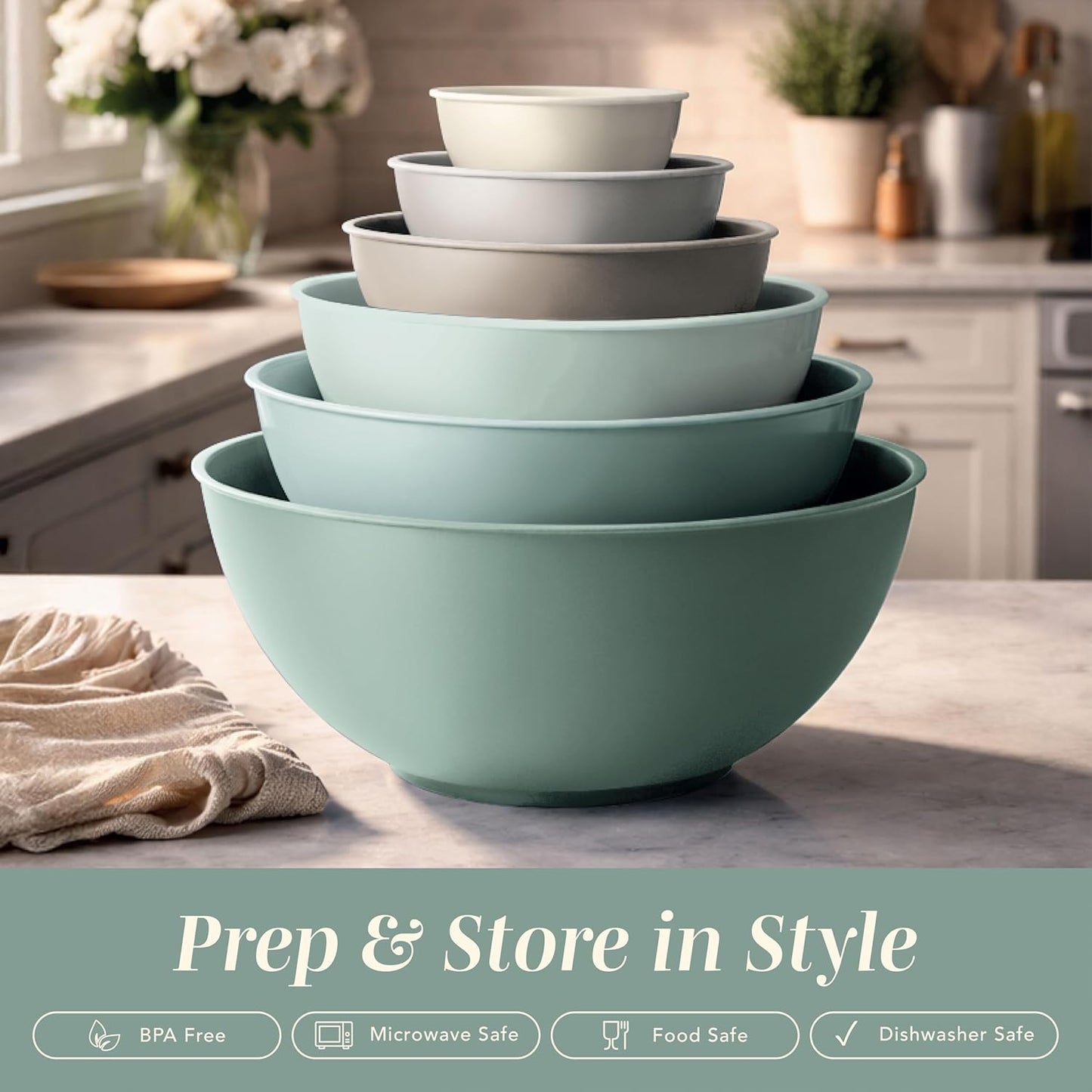COOK WITH COLOR Mixing Bowls with Lids - 12 Piece Plastic Nesting Bowls Set includes 6 Prep Bowls and 6 Lids, Microwave Safe Mixing Bowl Set, Pink Embossed - Colors B