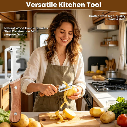 Left & Right Hand Vegetable Peeler Set with Scallion Slicer & Bottle Opener, Heavy-Duty Thick Stainless Steel Blade, Multi-Function Kitchen Peeler with Wooden Handle for Fruits & Vegetables(New 2pcs)