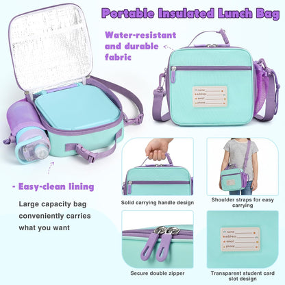 Bento Lunch Box for Kids with 7oz Soup Thermo,Insulated Stainless Steel Kids Water Bottle with Straw and Insulated Lunch Bag,Leak-Proof Lunch Food Container with Ice Pack for School (Purple-Mermaid)