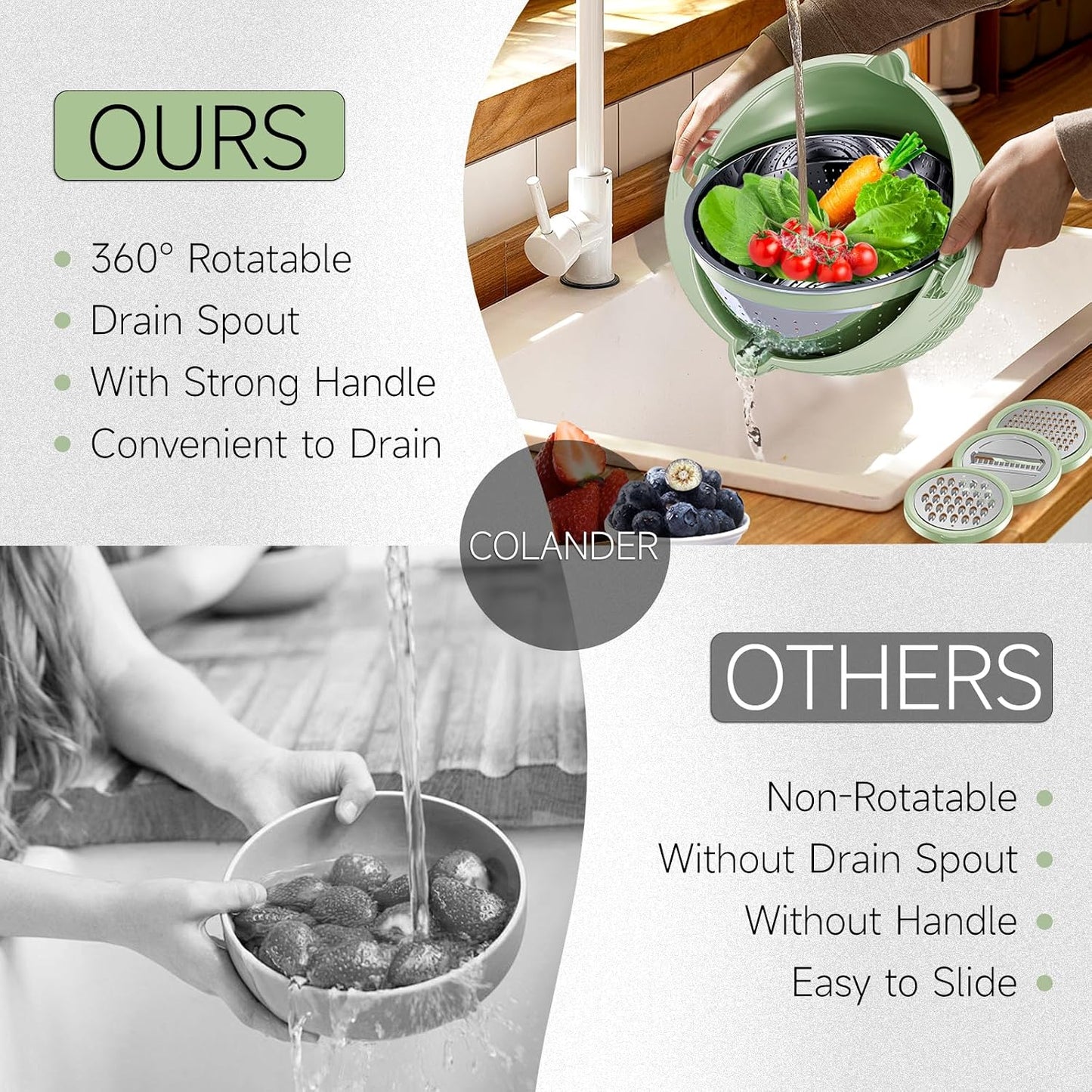 4-1 Colander with Bowl & Spoons Set - Rotatable Colander for kitchen with New Upgraded Graters, Food Strainer(Patented) for Pasta, Fruits, Vegetables, Funny Presents for Women, Beige