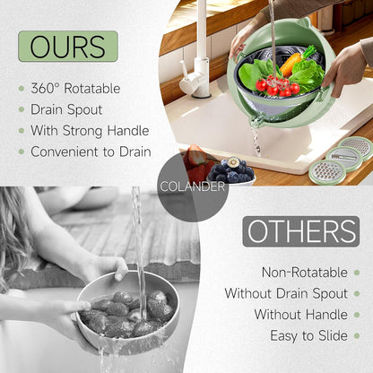 4-1 Colander with Bowl & Spoons Set - Rotatable Colander for kitchen with New Upgraded Graters, Food Strainer(Patented) for Pasta, Fruits, Vegetables, Funny Presents for Women, Beige