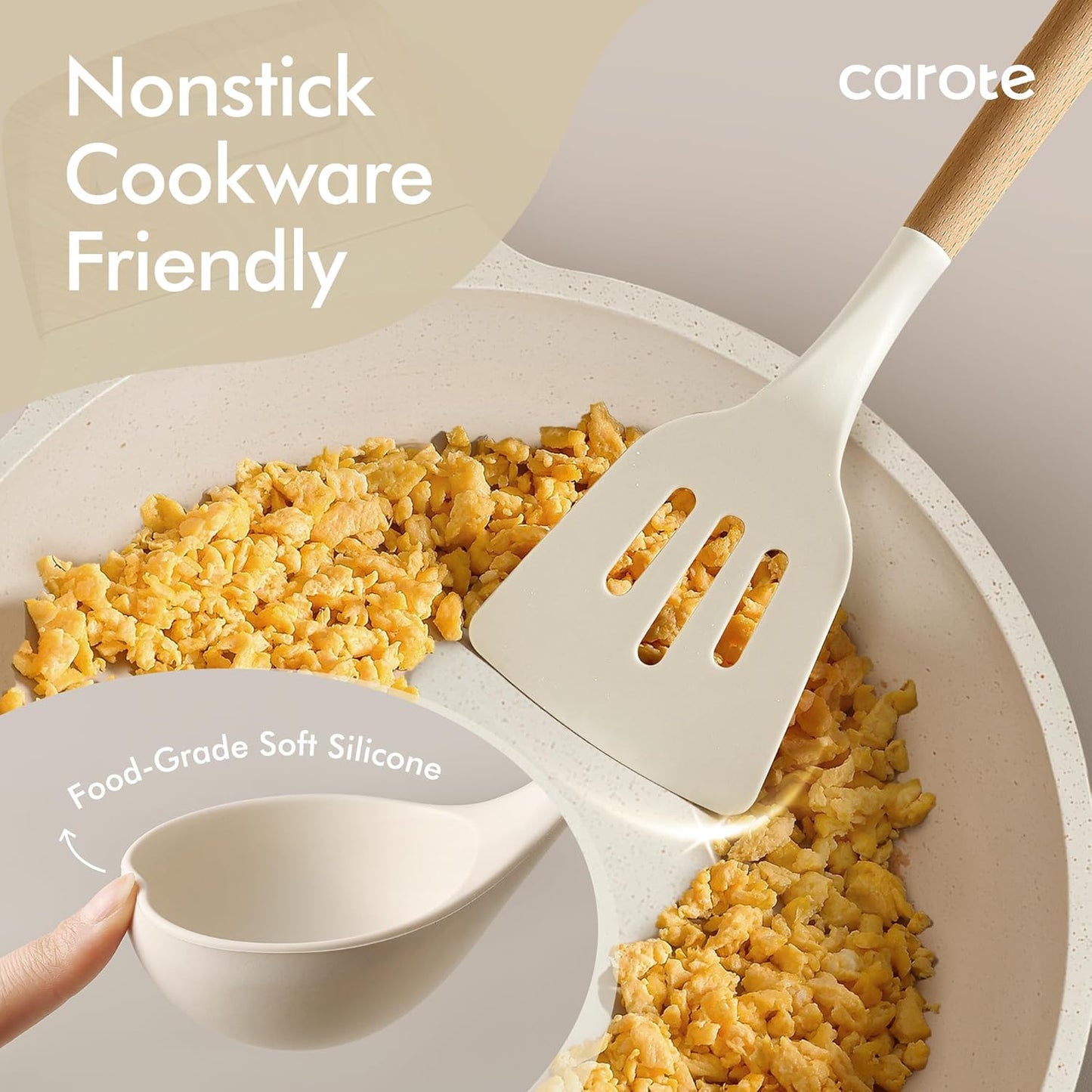 CAROTE Silicone Cooking Utensils Set, Kitchen Utensils Set 10 Pcs for cooking, BPA Free Spatula Set with Heat Resistant Wood Handles for Nonstick Cookware (Cream White)