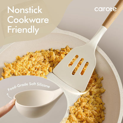 CAROTE Silicone Cooking Utensils Set, Kitchen Utensils Set 10 Pcs for cooking, BPA Free Spatula Set with Heat Resistant Wood Handles for Nonstick Cookware (Cream White)