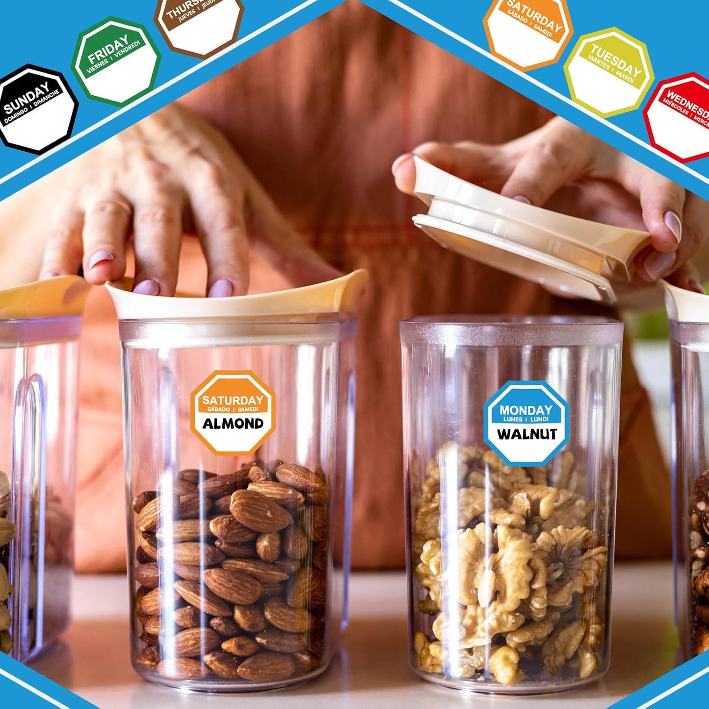 Sayglossy 7000 Pcs Day of Week Label Food Label Monday Through Sunday Management Inventory Sticker Removable Weekly Self Adhesive Date Dot Sticker for Restaurant Kitchen Container (Square)