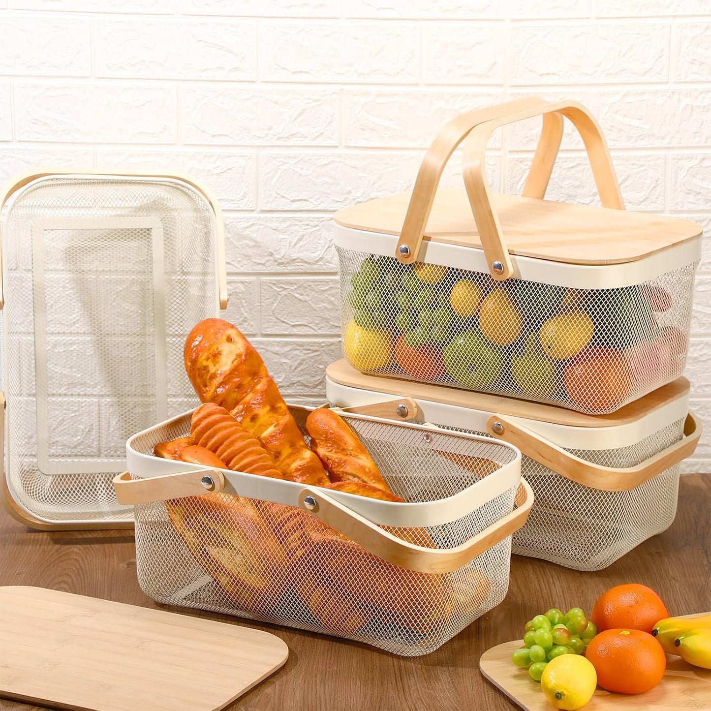 Jingmore 4 Pcs Metal Mesh Baskets with Lid, Stackable for Storage, Prevents Fruit Flies for Vegetable Fruit Kitchen Cabinet Picking Gathering Pantry Harvest Garden(16 Inch,Black)