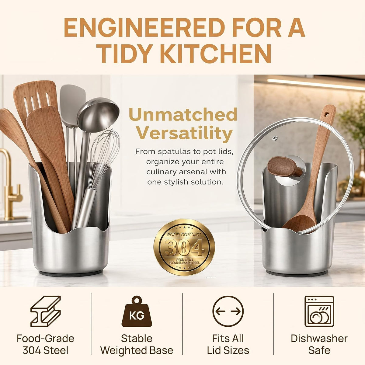 Pot Lid Holder and Spoon Rest, 304 Stainless Steel Kitchen Utensil Holder