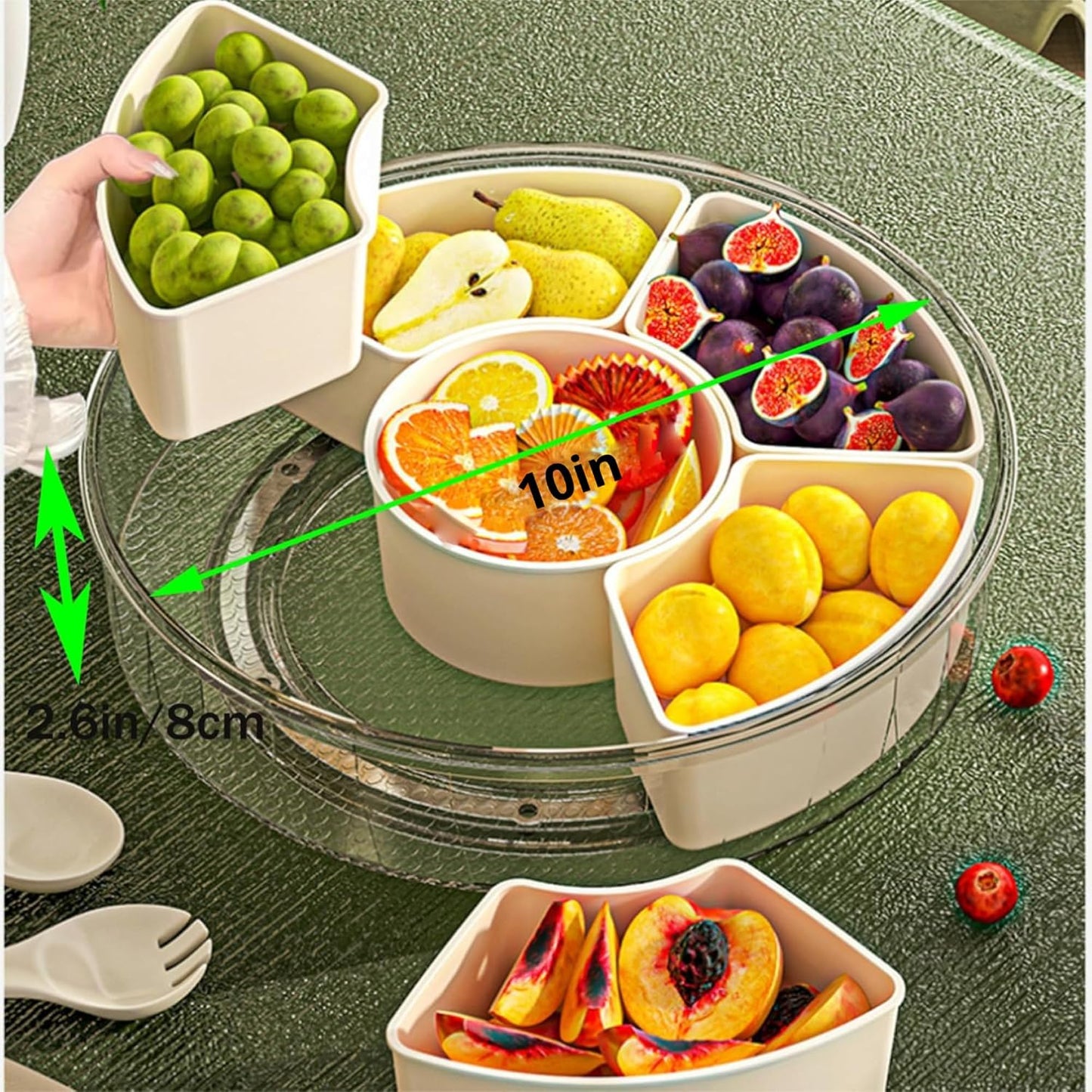 Divided Serving Tray with Lid and Handle, Fruit Platter for Snack Candy Charcuterie Organizer Portable Spinning Veggie Tray for Kitchen Party Travel and Picnic Stackable Snackle Box Container