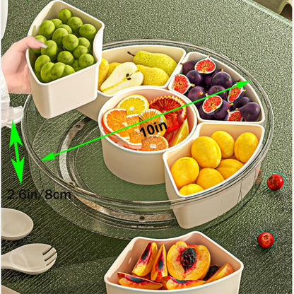 Divided Serving Tray with Lid and Handle, Fruit Platter for Snack Candy Charcuterie Organizer Portable Spinning Veggie Tray for Kitchen Party Travel and Picnic Stackable Snackle Box Container