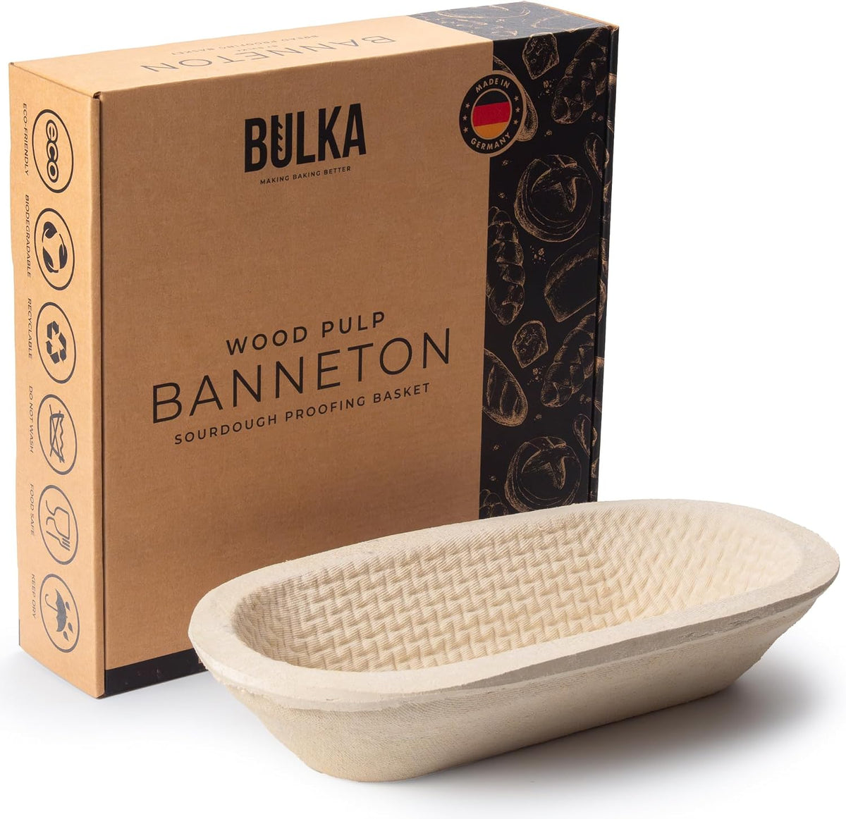 Bulka Sourdough Banneton Bread Proofing Basket 11.4" Oval Groove 750g