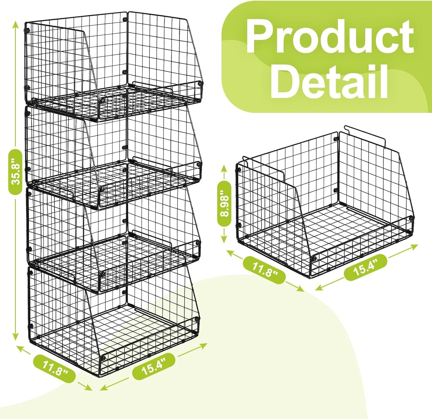 Jakyitvi 4 Pack XXL Stackable Wire Storage Basket, Extra Large Capacity Pantry Organizer and Storage, Muti-Purpose for Vegetable Fruit Basket & Can Organizer & Snack Rack & Metal Pantry Bin