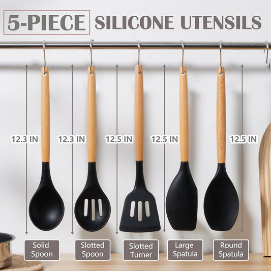 E-far Silicone Cooking Utensils Set, 5-Piece Kitchen Utensils Set with Wooden Handle for Cooking, Silicone Kitchen Nonstick Tools Spatula Turner Slotted Spoons, Nontoxic & Heat Resistant-Khaki