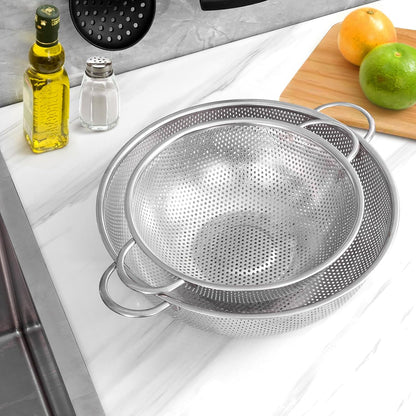 E-far Stainless Steel Colander Set of 3 (1-3-5Quart), Micro-Perforated Metal Colander Strainer with Handle for Kitchen/Draining Pasta/Rinsing Vegetables Fruits, Heavy Duty & Dishwasher Safe