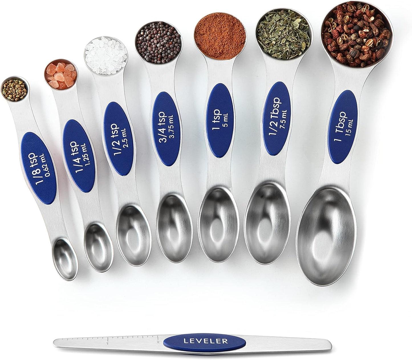 Spring Chef Stainless Steel Magnetic Measuring Spoons Set with Strong N45 Magnets, Heavy Duty Metal Kitchen Gadgets for Baking & Cooking, Fits in Most Kitchen Spice Jars, Set of 8 with Leveler, Black