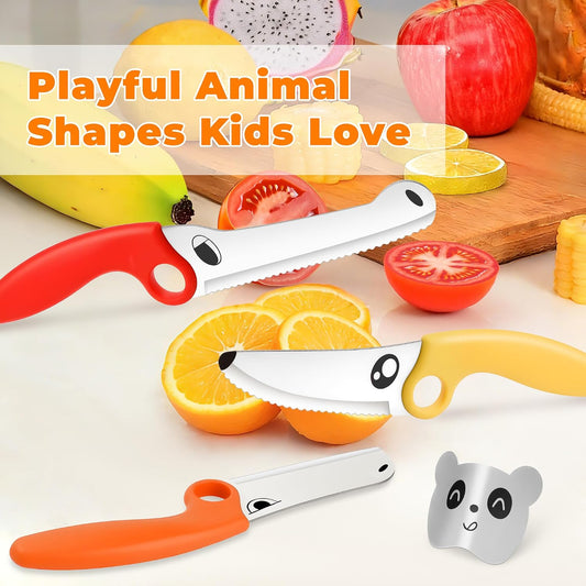 Kids Kitchen Knife Set with Magic Book Gift Box & Educational Ring, 7-Piece Animal Cooking Tools, Safe Stainless Steel Knives, Finger Guard & Cutting Board, Montessori Cooking Set for Kids