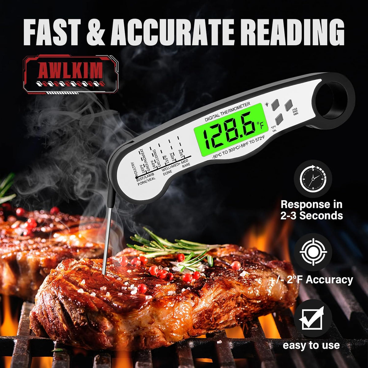 AWLKIM Meat Thermometer Digital, Instant Read Food Thermometer, Red