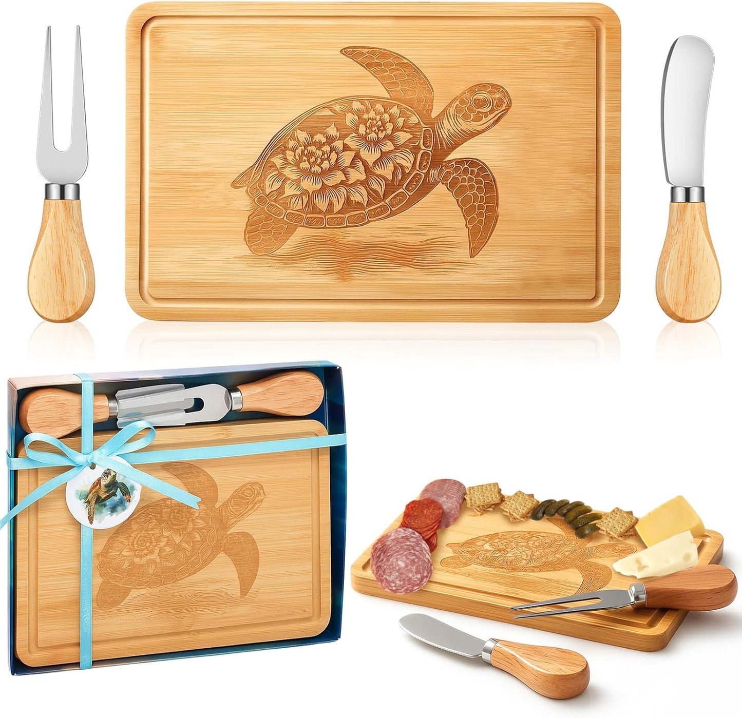 Ziliny Sea Turtle Shaped Cheese Board Set Small Charcuterie Cutting Board Wooden Platter with Knives Forks Funny Serving Trays Turtle Gift for women Christmas Party Kitchen Decoration