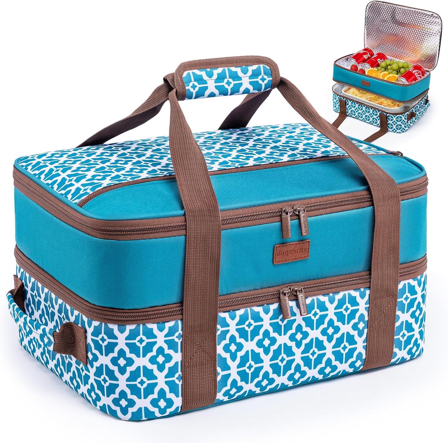 Double Layer Insulated Casserole Carrier, Fits 9" x 13" Baking Dish, Food Transport Carrier with Utensil Pocket for Hot & Cold Dishes, Reusable Potluck Tote for Thanksgiving, Parties&Family Gatherings