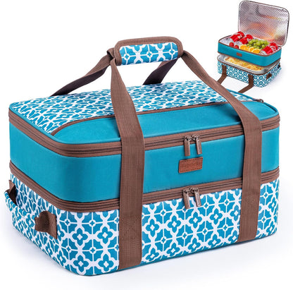Double Layer Insulated Casserole Carrier, Fits 9" x 13" Baking Dish, Food Transport Carrier with Utensil Pocket for Hot & Cold Dishes, Reusable Potluck Tote for Thanksgiving, Parties&Family Gatherings