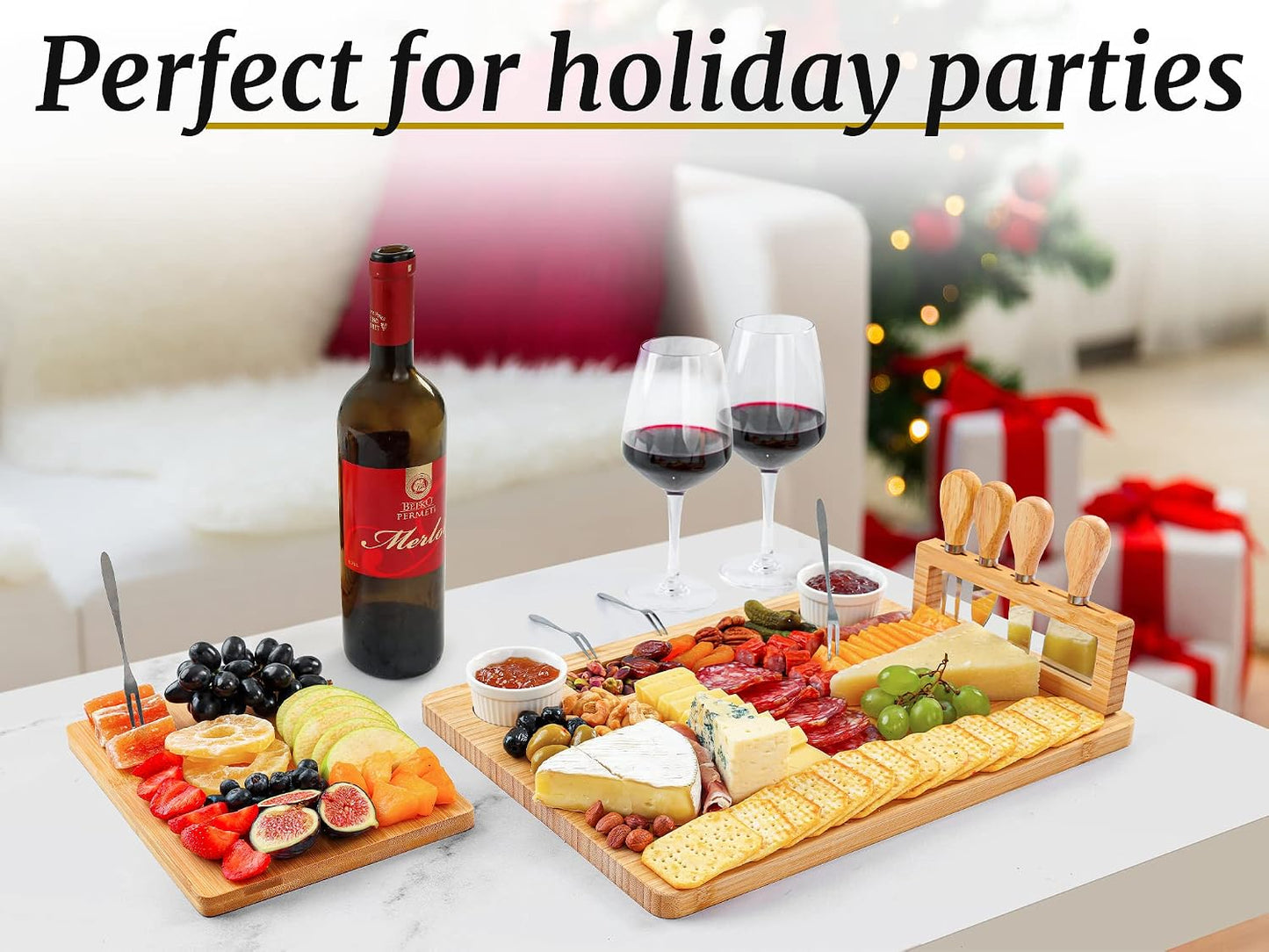 Zulay Kitchen Premium Bamboo Charcuterie Board - Extra Thick Bamboo Board with 4 Piece Knife Set - Perfect for Charcuterie, Wine and Cheese