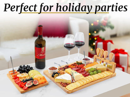 Zulay Kitchen Premium Bamboo Charcuterie Board - Extra Thick Bamboo Board with 4 Piece Knife Set - Perfect for Charcuterie, Wine and Cheese