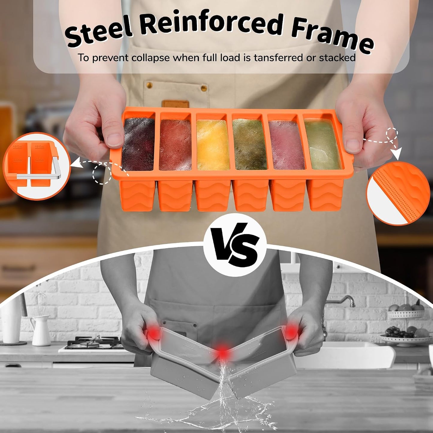 3-Pack Silicone Freezer Trays with Lid,2 Large 2-Cup(500ml)&4 Medium 1-Cup(250ml)&6 Small 1/2-Cup(125ml) Soup Freezer Container Molds,Ice Cube Tray For Meal Prep&Freezing Soup,Stews,Sauces