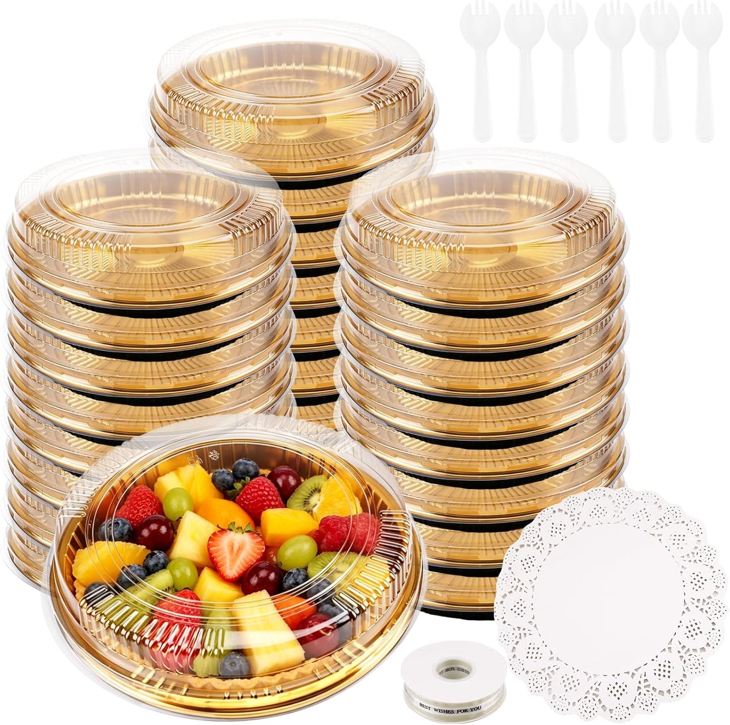 30 Pack 10 Inch Disposable Pie Carrier with Lid, Round Pie Platters Plastic Serving Tray, Catering Trays with Lids for Pies, Pizza, Desserts (Gold Bottom + Clear Lid)