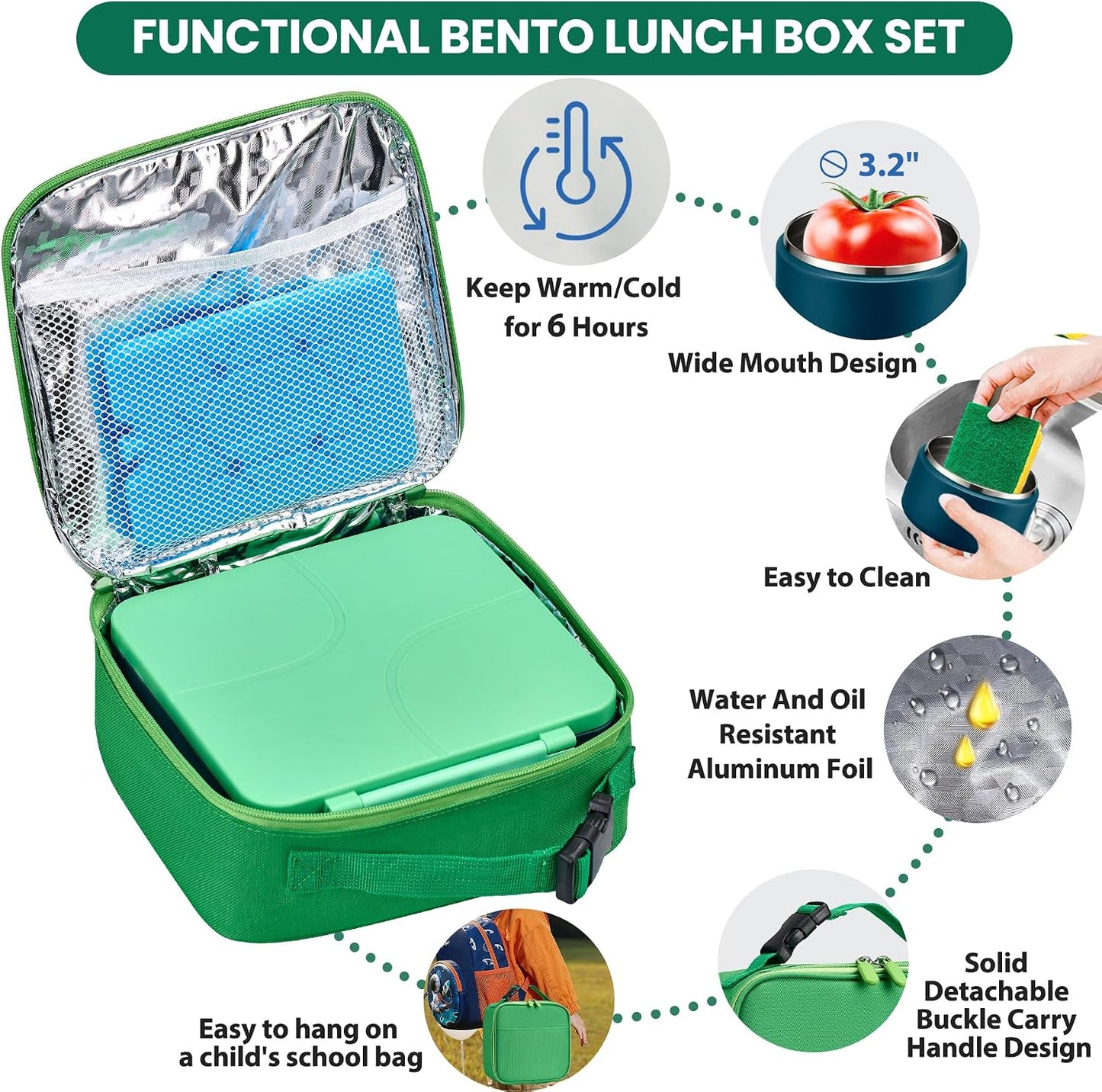 Bento Lunch Box with 8oz Soup Thermo,Kids Leakproof 4 Compartment Lunch Food Containers with Sauce Cup and Ice Pack,Kids Thermo Insulated Hot Food Jar and Lunch Bag for School,Trvael-Black