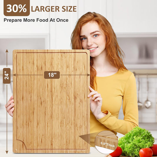 24" Large Bamboo Cutting Boards for Kitchen, Wood Stovetop Cover, Extra Large Wood Cutting Board with Deep Juice Groove and Handle, Heavy Duty Chopping board