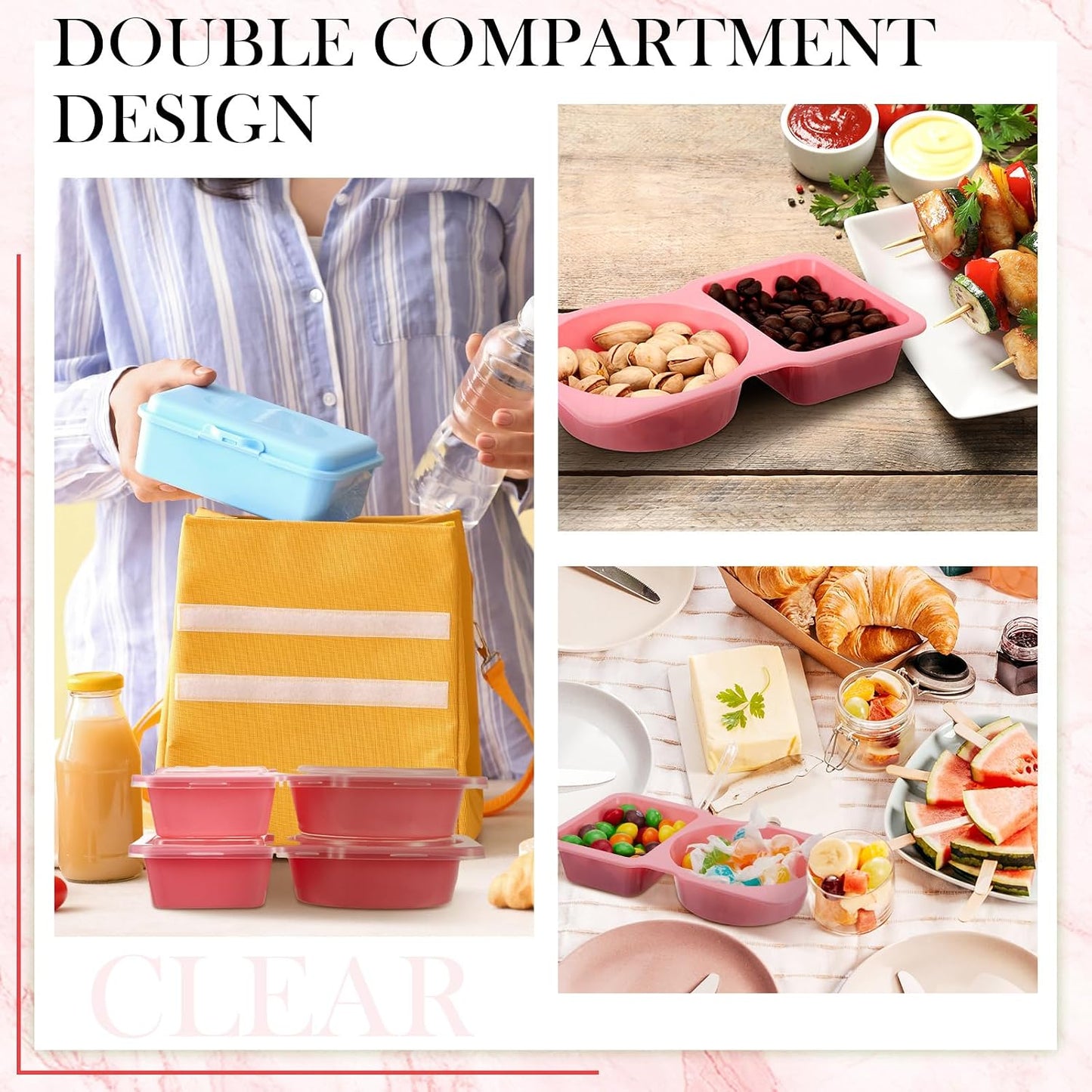 Blushtier 10 Pcs Pack Snack Containers with Lids, 5 oz Double Compartment Plastic Food Containers, Portable Divided Snack Cups for School, Office, Meal Prep, Sauces, Dips, On-the-go Camping (Clear)