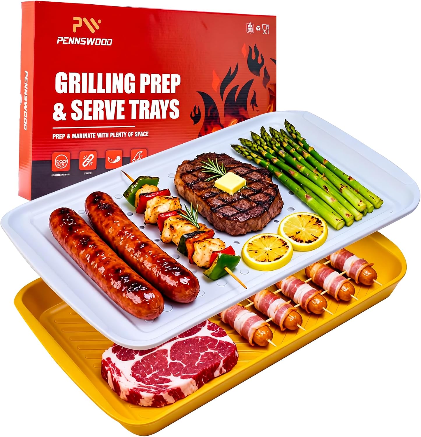 Grill Prep Trays Set of 2, Grill Tray for BBQ Meat Prep, Marinating & Serving, Large Melamine Grilling Prep and Serve Trays with Deep Raised Edges, Outdoor Grill Serving Tray, BPA Free