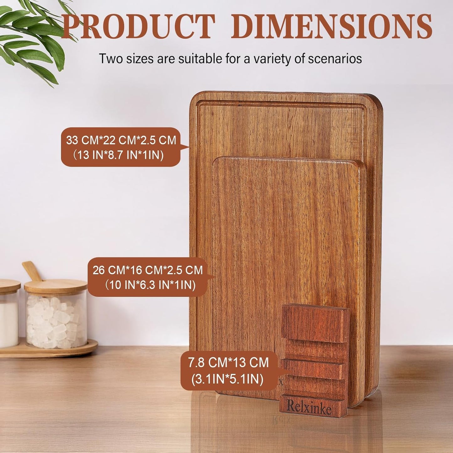 Solid Teak Wood Cutting Board Set One Piece Non Glued Large Thick Crack Resistant Wooden Chopping Board with DeepJuice Grooves Built in Handles for Kitchen Meat Bread 15x10.2IN &11.8 * 7.9IN