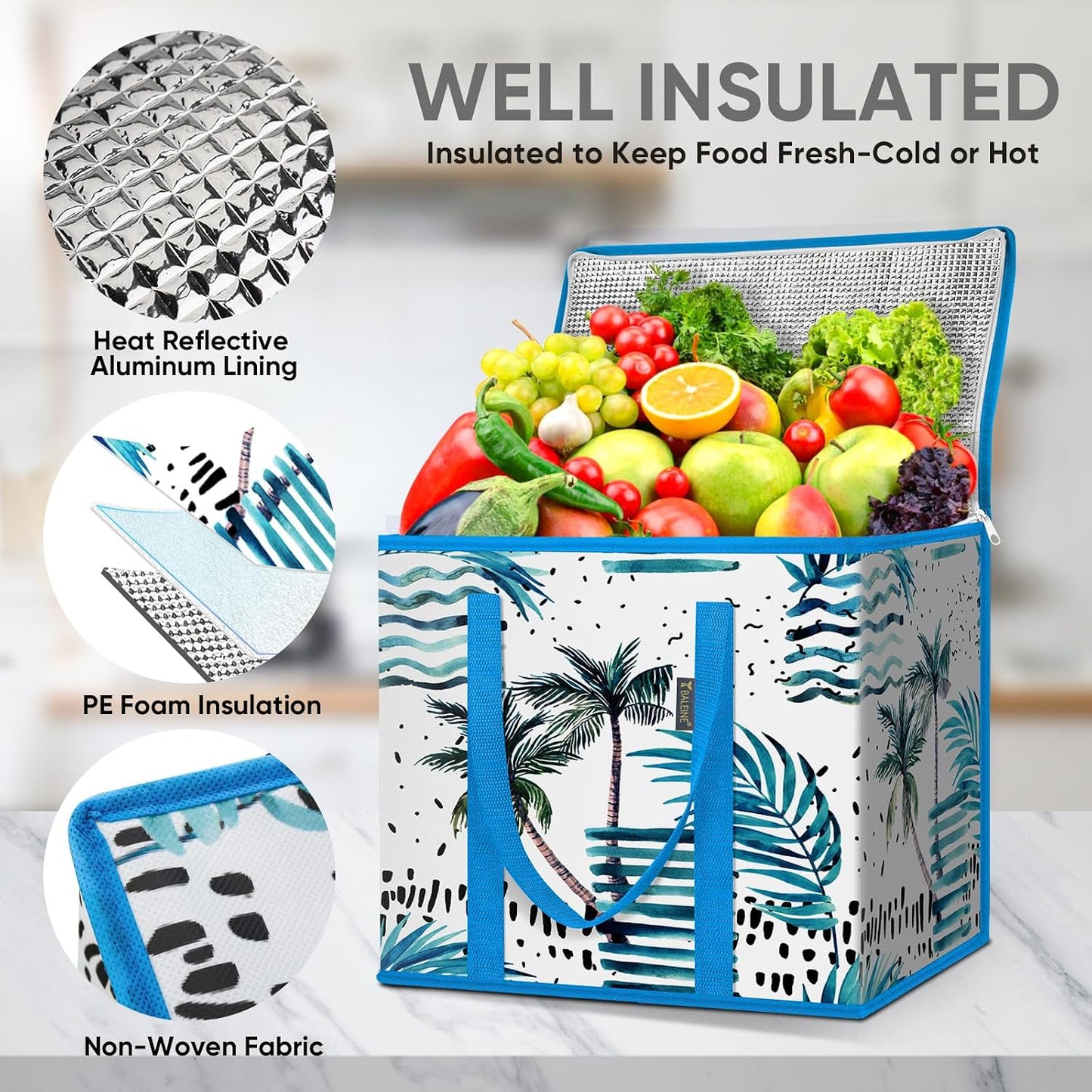 BALEINE 2Pk Insulated Reusable Grocery Bags, Collapsible Cooler Bag for Groceries, Heavy Duty Large Insulated Bag (16''x9''x13'', Antique Foliage)