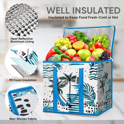 BALEINE 2Pk Insulated Reusable Grocery Bags, Collapsible Cooler Bag for Groceries, Heavy Duty Large Insulated Bag (16''x9''x13'', Antique Foliage)