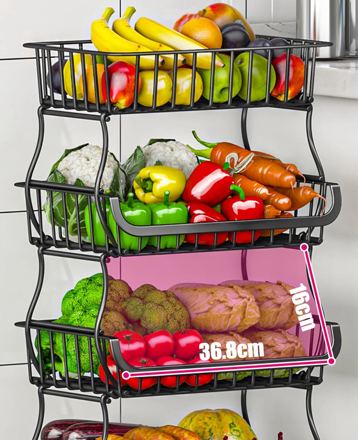 MURRI&MURRDI Fruit Vegetable Storage Basket with Wooden Lid, 6 Tier Stackable Wire Kitchen Cart with Wheels, Tall Produce Snack Racks Display, Narrow Rolling Cart for Pantry Onion Potato, Black