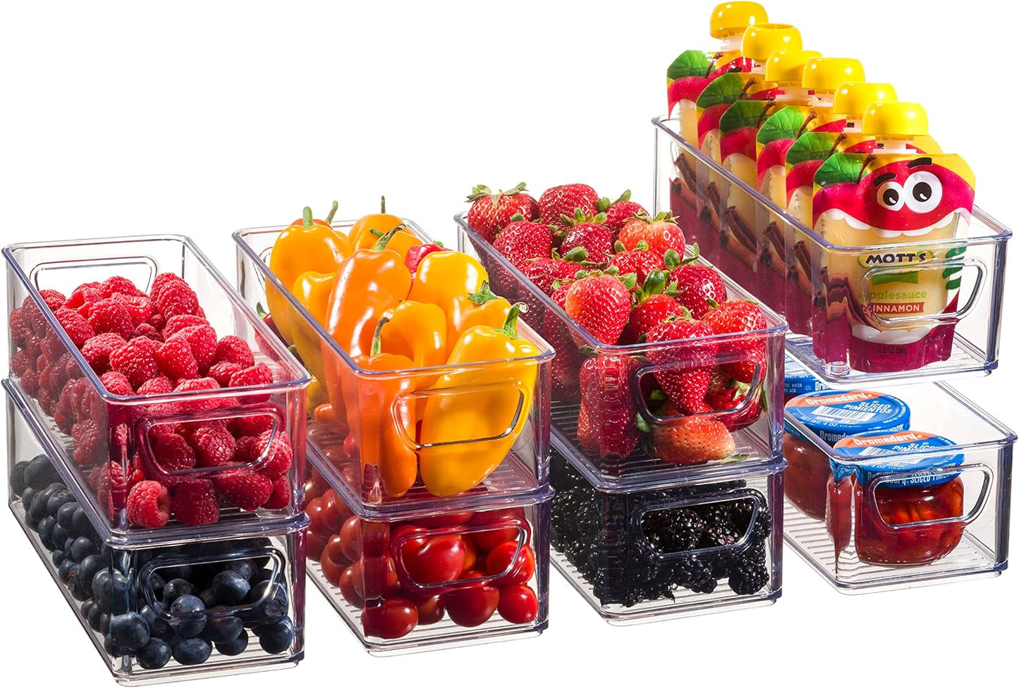 Set Of 8 Refrigerator Organizer Bins - Stackable Fridge Organizers with Cutout Handles for Pantry, Freezer, Kitchen, Countertops, Cabinets - Clear Plastic Food Storage Bins