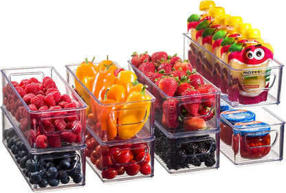 Set Of 8 Refrigerator Organizer Bins - Stackable Fridge Organizers with Cutout Handles for Pantry, Freezer, Kitchen, Countertops, Cabinets - Clear Plastic Food Storage Bins