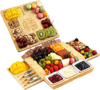 Large Charcuterie Board Set with Knife Set, 12.6" × 11.2" Square Fruit Tray, Bamboo Cheese Platter (Double-Drawer), Great for Group Gatherings, House Warming Gifts New Home, Birthday Gifts for Women